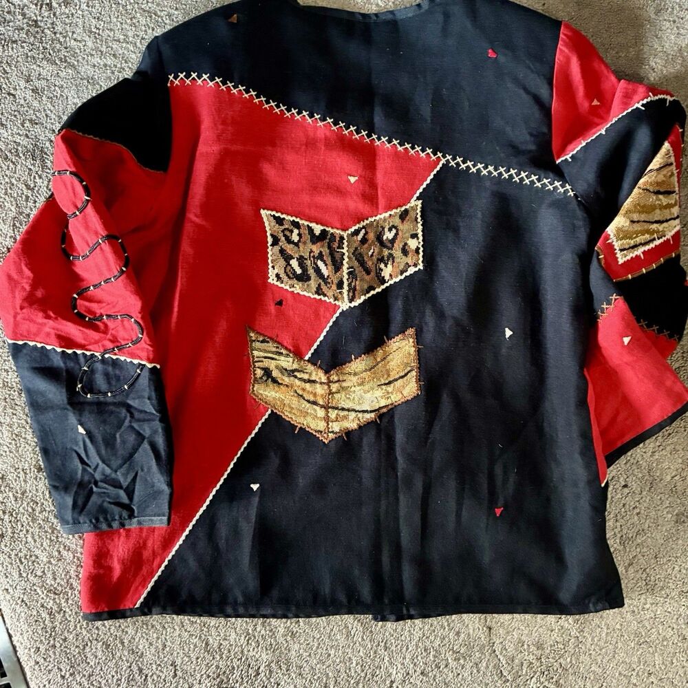 Vintage Indigo Moon Art to Wear Animal Patchwork Embroidered Jacket M Red Black - Picture 7 of 11